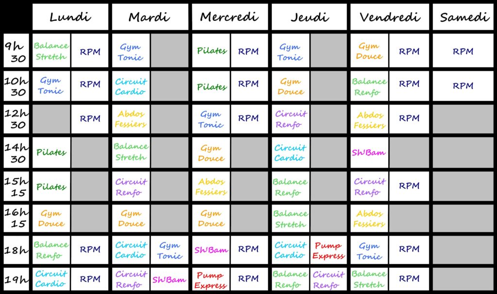 Planning des cours en extérieur