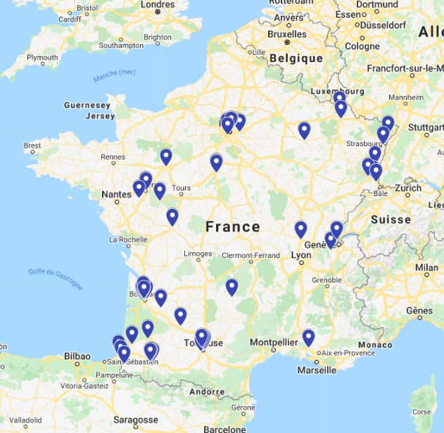 La carte de France avec tous les clubs du réseau Deklic